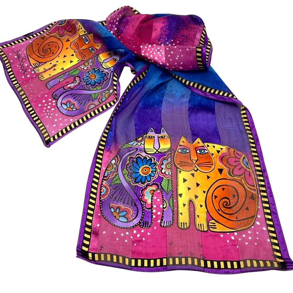 Laurel Burch Colorful Cats Silky Scarf 11x53 Boho Multicolor Rainbow Kittens